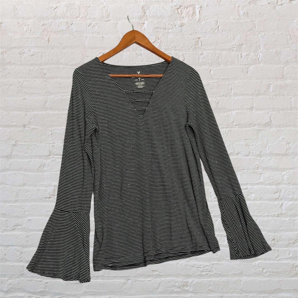 American Eagle Soft & Sexy Striped V-Neck Bell Sleeve Top Black White Large